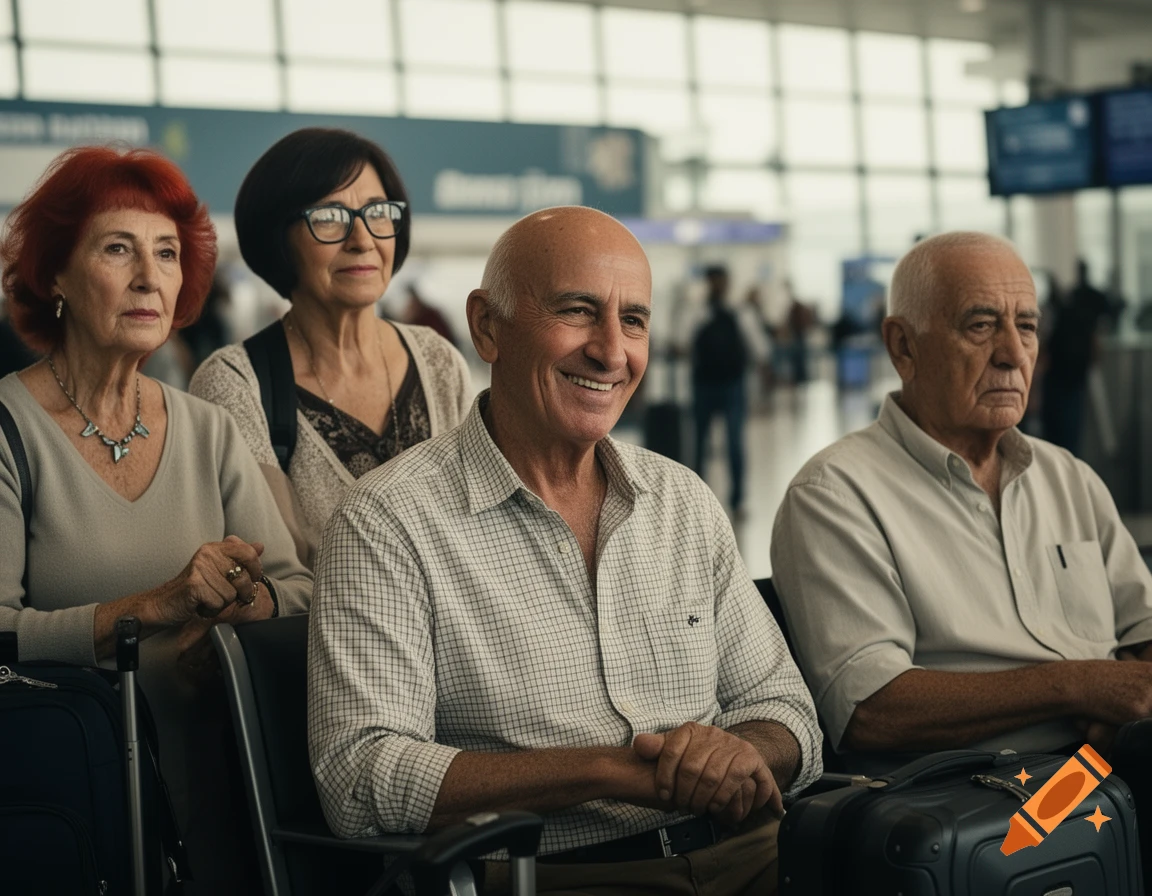 Four senior companions, two men and two women, sit with luggage in an airport boarding area.
