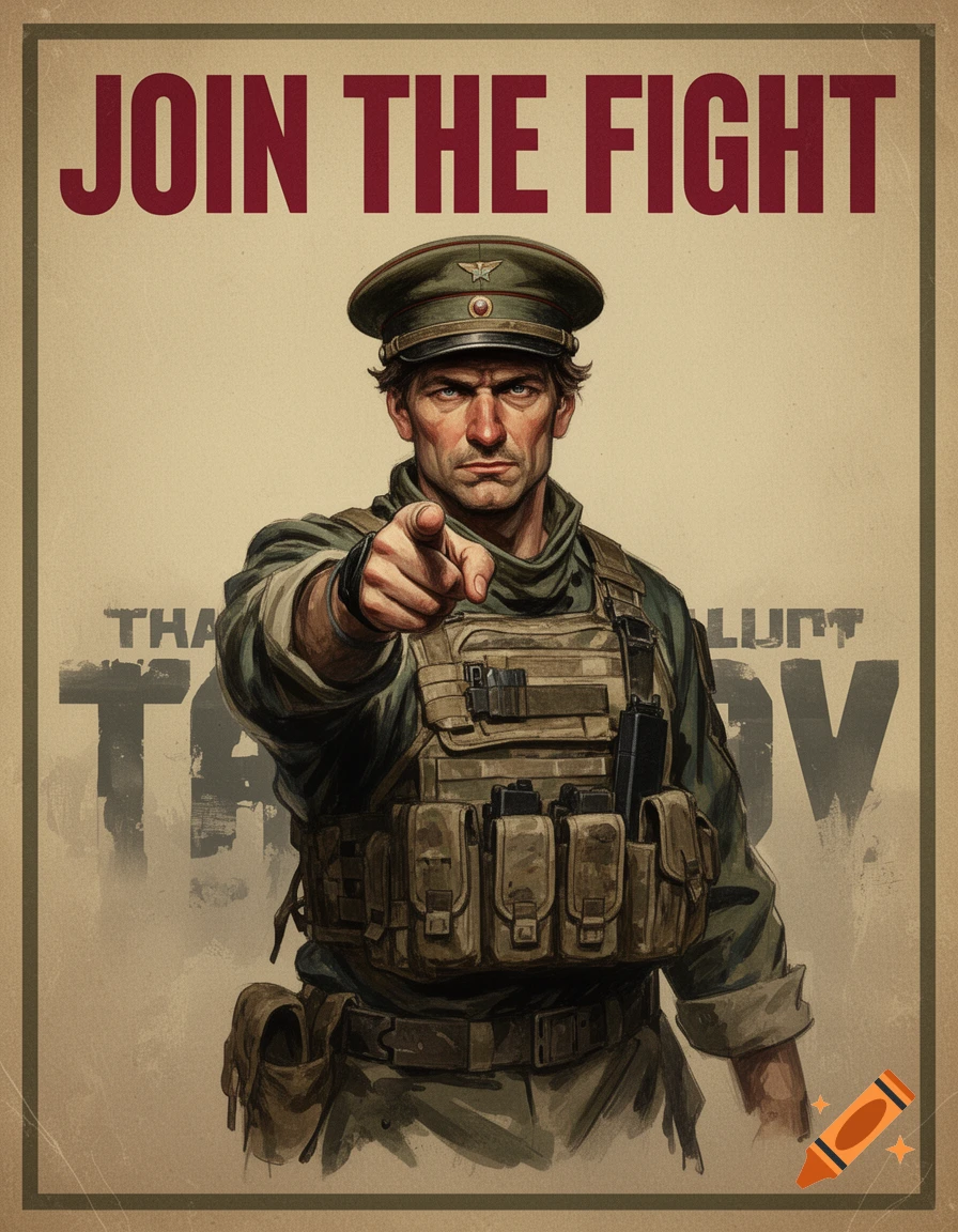 A vintage-style recruitment poster depicts a stern soldier in a military uniform and tactical vest, pointing forward, with the bold red text "JOIN THE FIGHT" above him.
