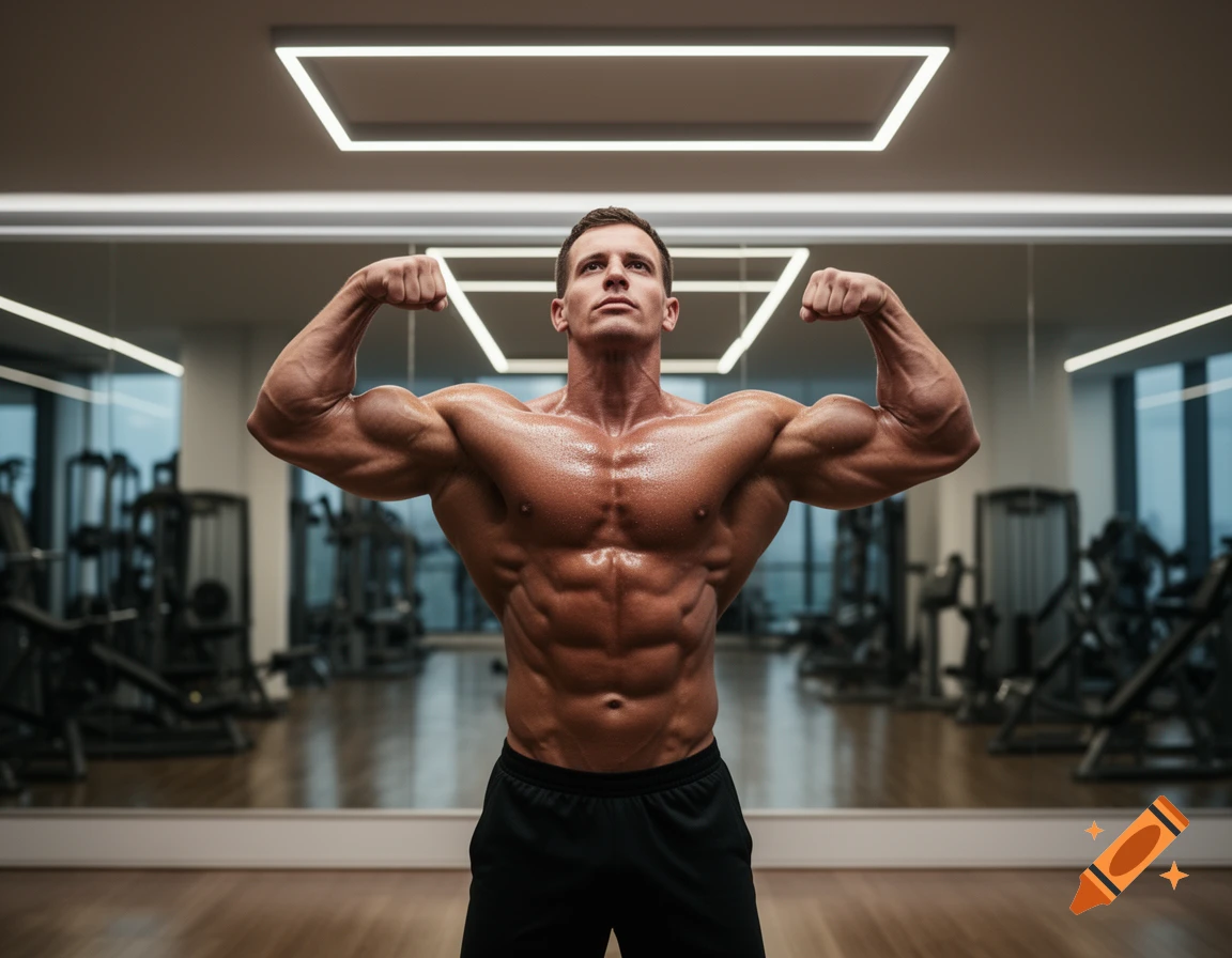 A muscular bodybuilder poses shirtless, flexing his biceps and chest in a modern gym with mirrors and bright lights.