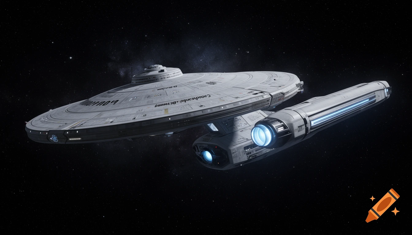 A detailed view of a large white Star Trek-like spaceship with glowing blue engines against a starry dark space background.
