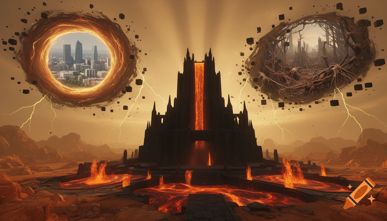 Dark fortress with a lava fall, flanked by two glowing portals showing a city and an apocalyptic landscape, under a lightning-filled orange sky.