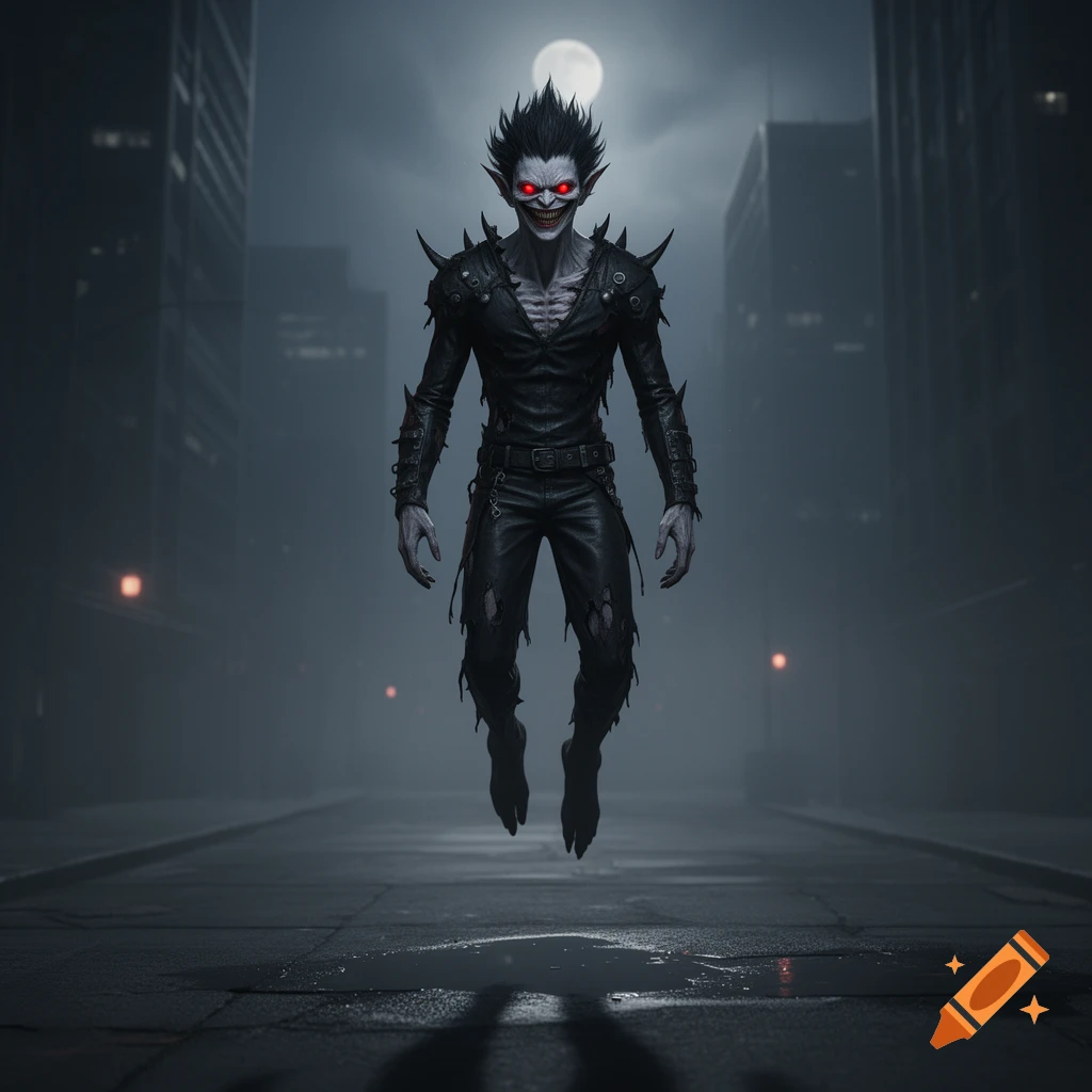 A dark, gaunt, spiky-haired creature with glowing red eyes floats above a wet city street at night, with tall buildings and a full moon.