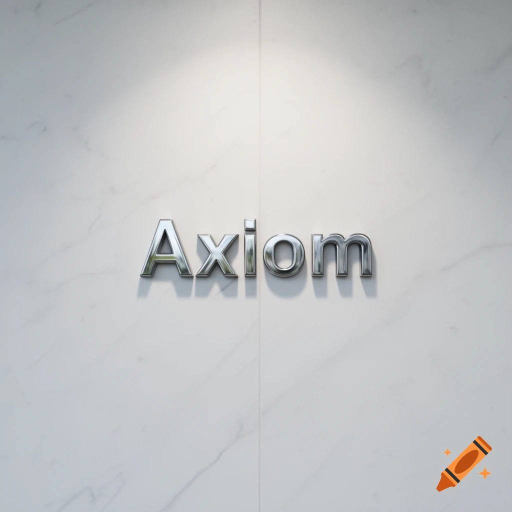 A silver, metallic 'Axiom' sign with a slight shadow is mounted on a white marble wall under soft lighting.