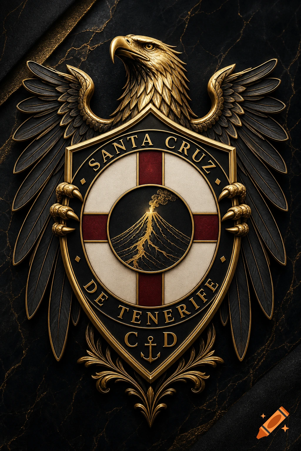 A detailed, ornate gold and black heraldic emblem featuring an imperial eagle, a shield with a volcano, a Burgundy cross, and text "SANTA CRUZ DE TENERIFE" and "C D."