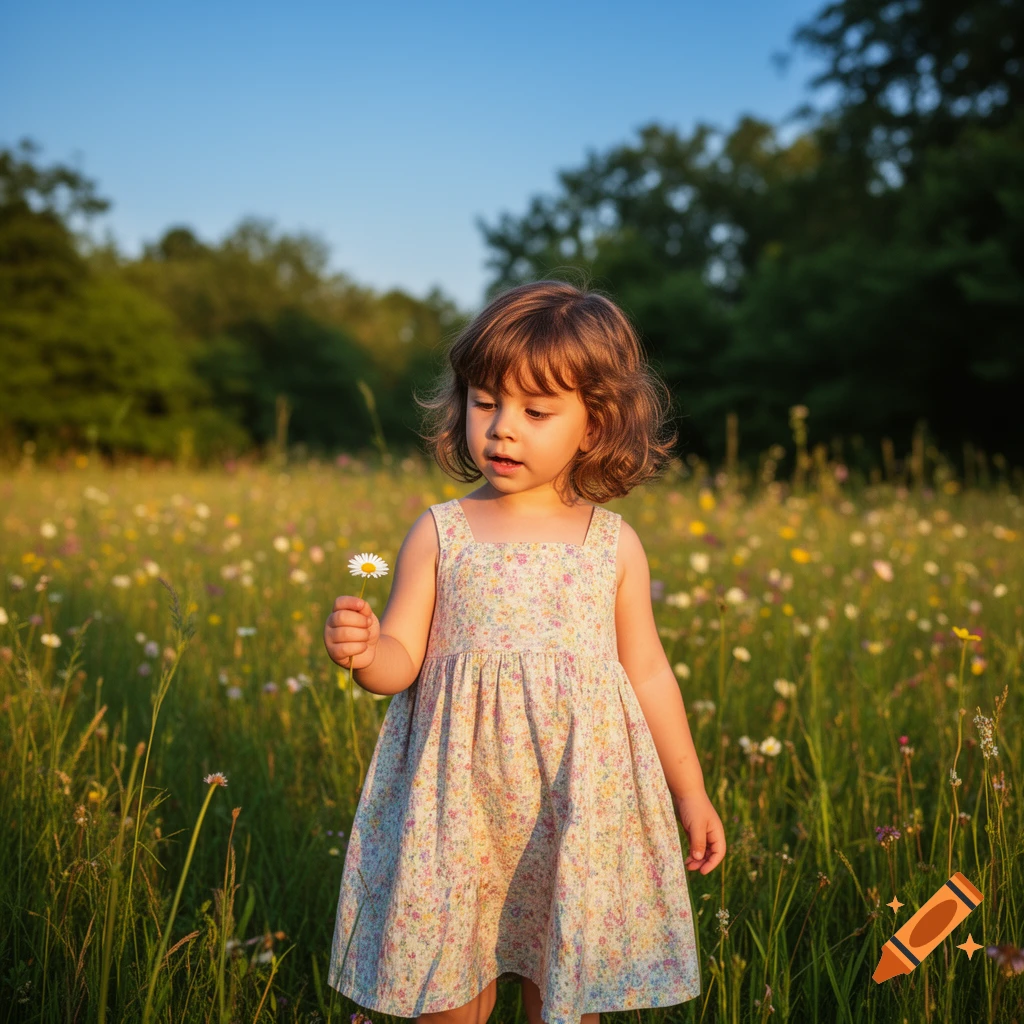 A young girl in a floral dress stands in a sunny wildflower field, holding a white daisy.