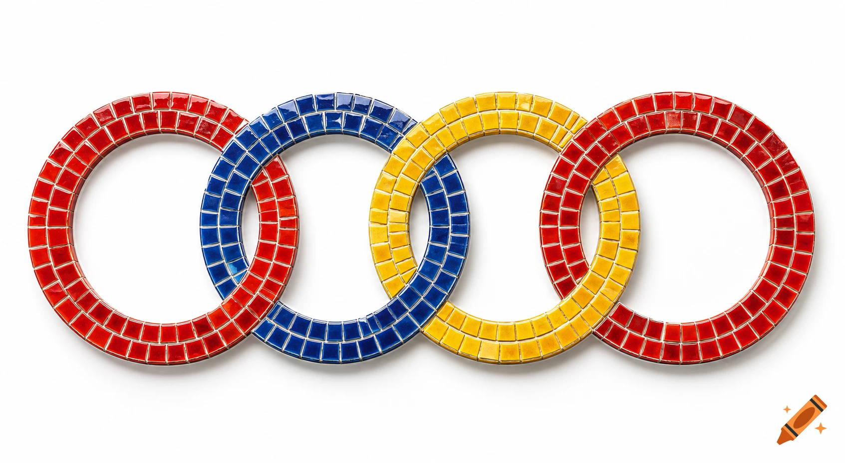 Four interlocking rings, two red, one blue, and one yellow, crafted from small mosaic tiles, cast a soft shadow on a white background.