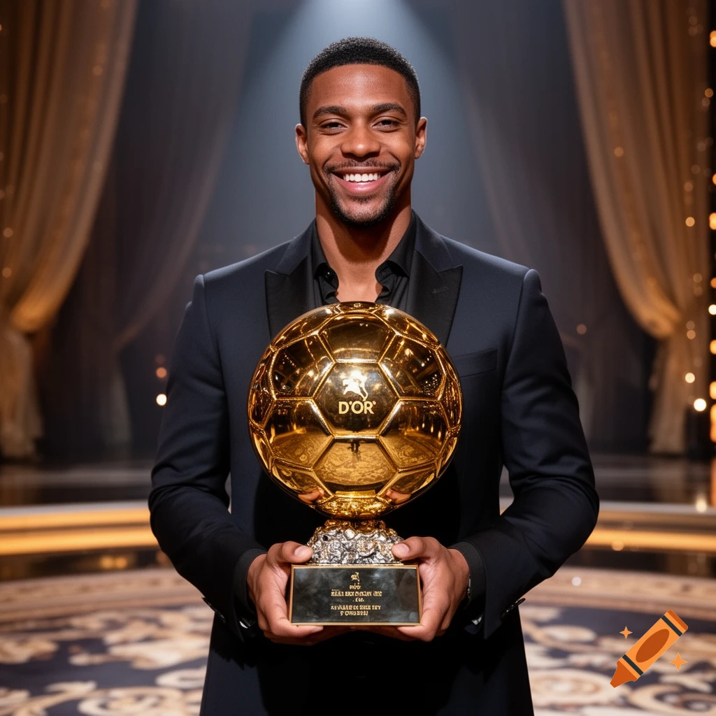 Smiling Black man in a dark suit holding a golden football trophy on a stage.