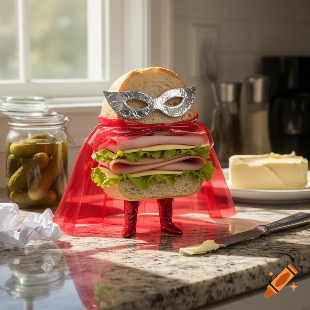 A ham and cheese sandwich dressed as a superhero with a red cape, silver mask, and red boots stands on a kitchen counter.