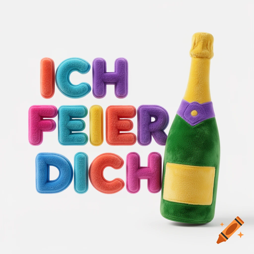 Colorful plush 3D letters spelling "ICH FEIER DICH" next to a matching plush champagne bottle on a white background.