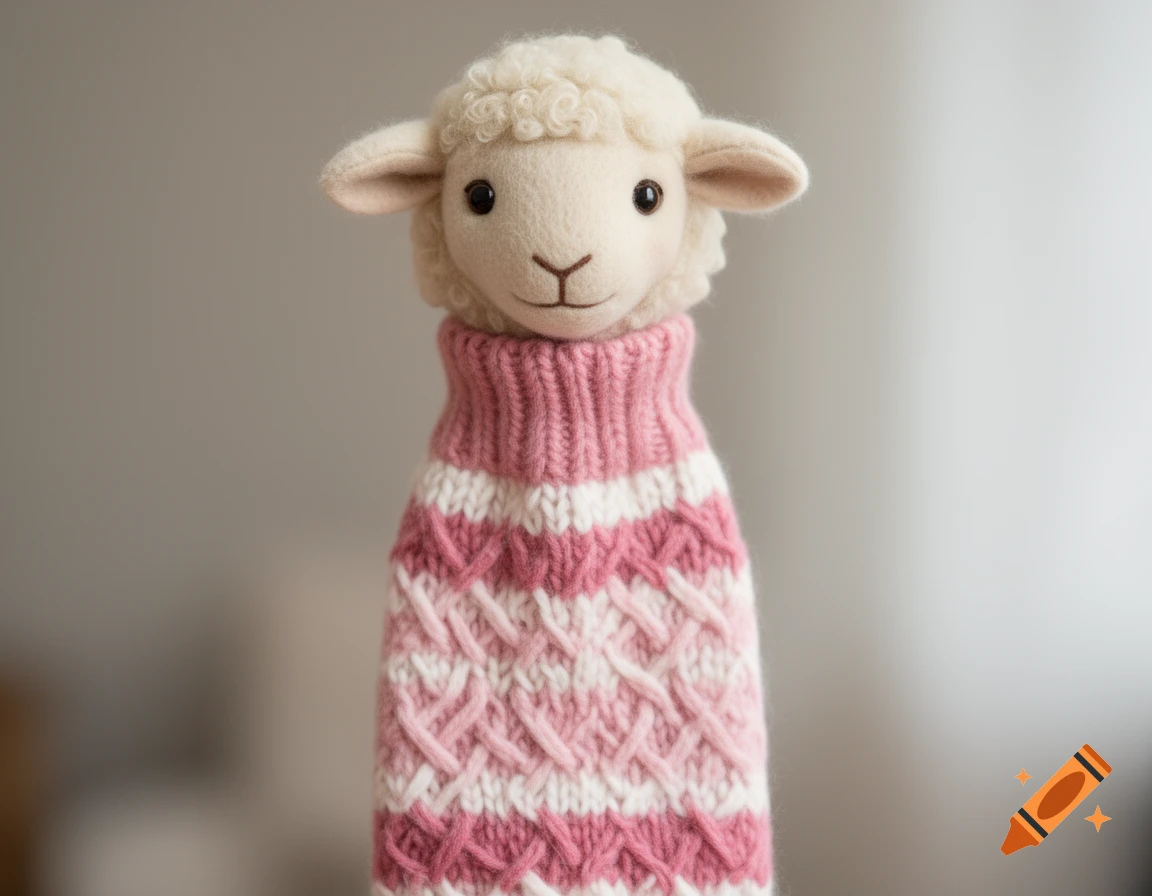 A close-up of a soft, white lamb plushie wearing a pink and white cable-knit sweater, with a blurred background.