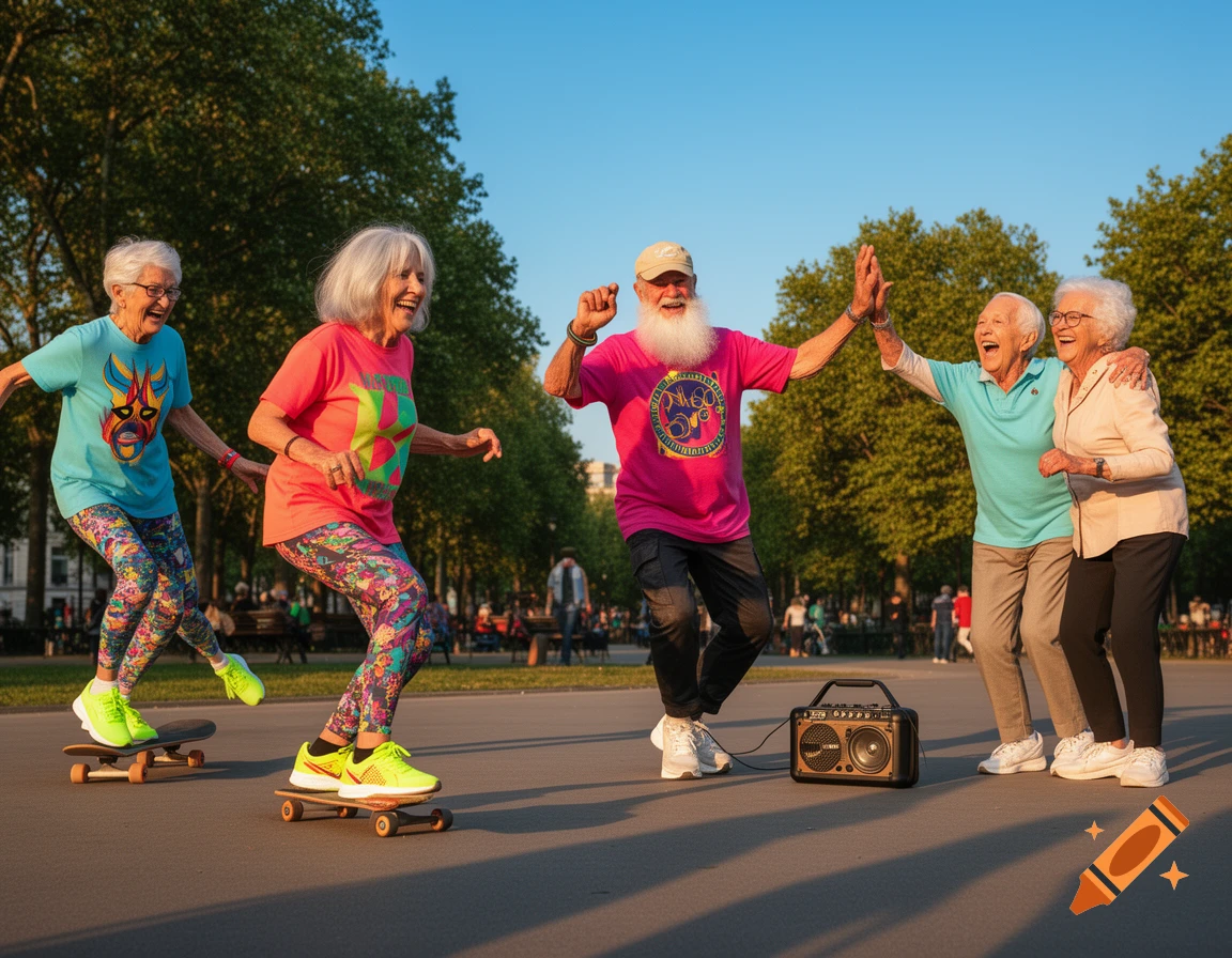 Elderly people in colorful clothes skate and dance in a park, laughing and high-fiving, with a boombox nearby, in a photorealistic style.