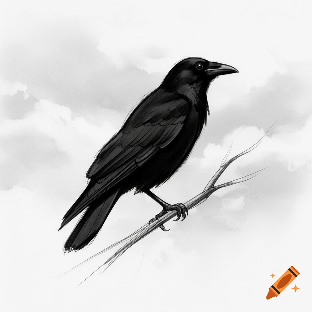 A black crow perches on a bare branch, rendered in a black and white sketch style against a cloudy sky.