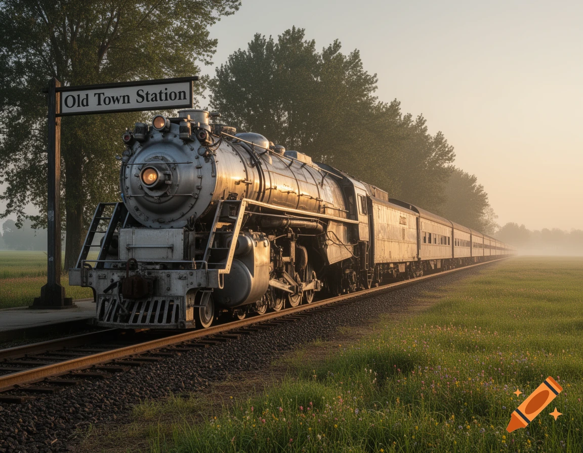 A silver steam locomotive train and passenger cars at "Old Town Station" in a misty, sunlit field with green grass.