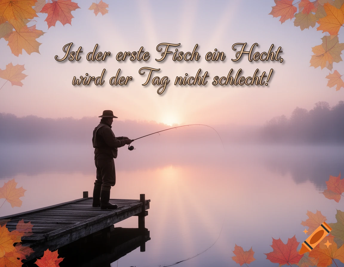 Man fishing on a pier at misty sunrise, bordered by autumn leaves. German text 'Ist der erste Fisch ein Hecht, wird der Tag nicht schlecht!'.