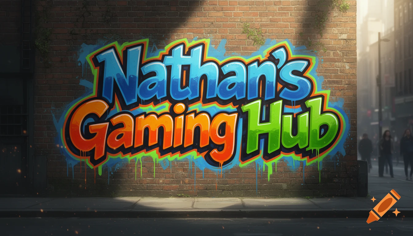 A vibrant graffiti tag reading "Nathan's Gaming Hub" spray-painted on a brick wall in a bustling urban street.
