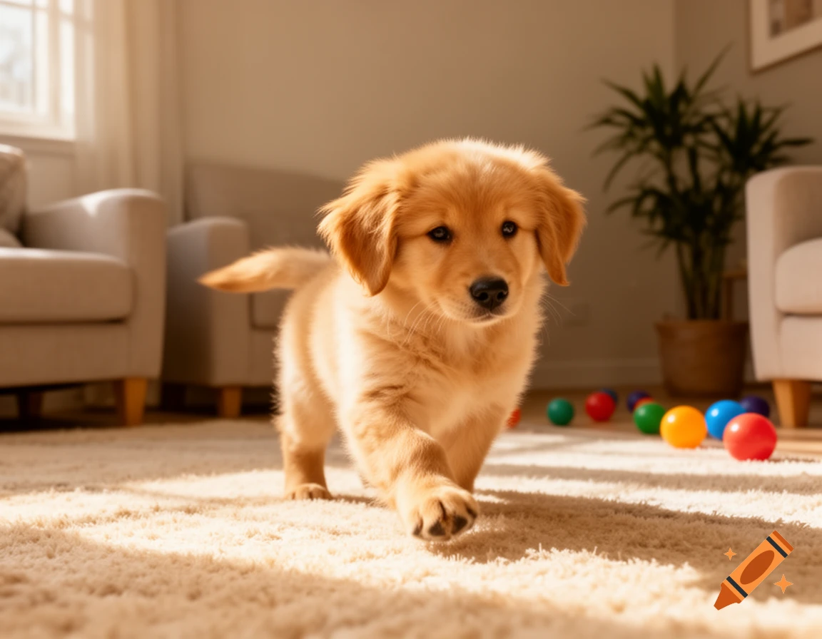 A cute golden retriever puppy walks on a soft beige carpet in a sunlit living room with colorful toys.