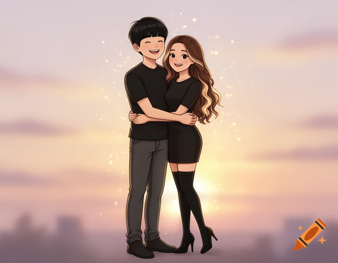 Cute cartoon drawing of a young Asian couple embracing and smiling against a soft sunset background.