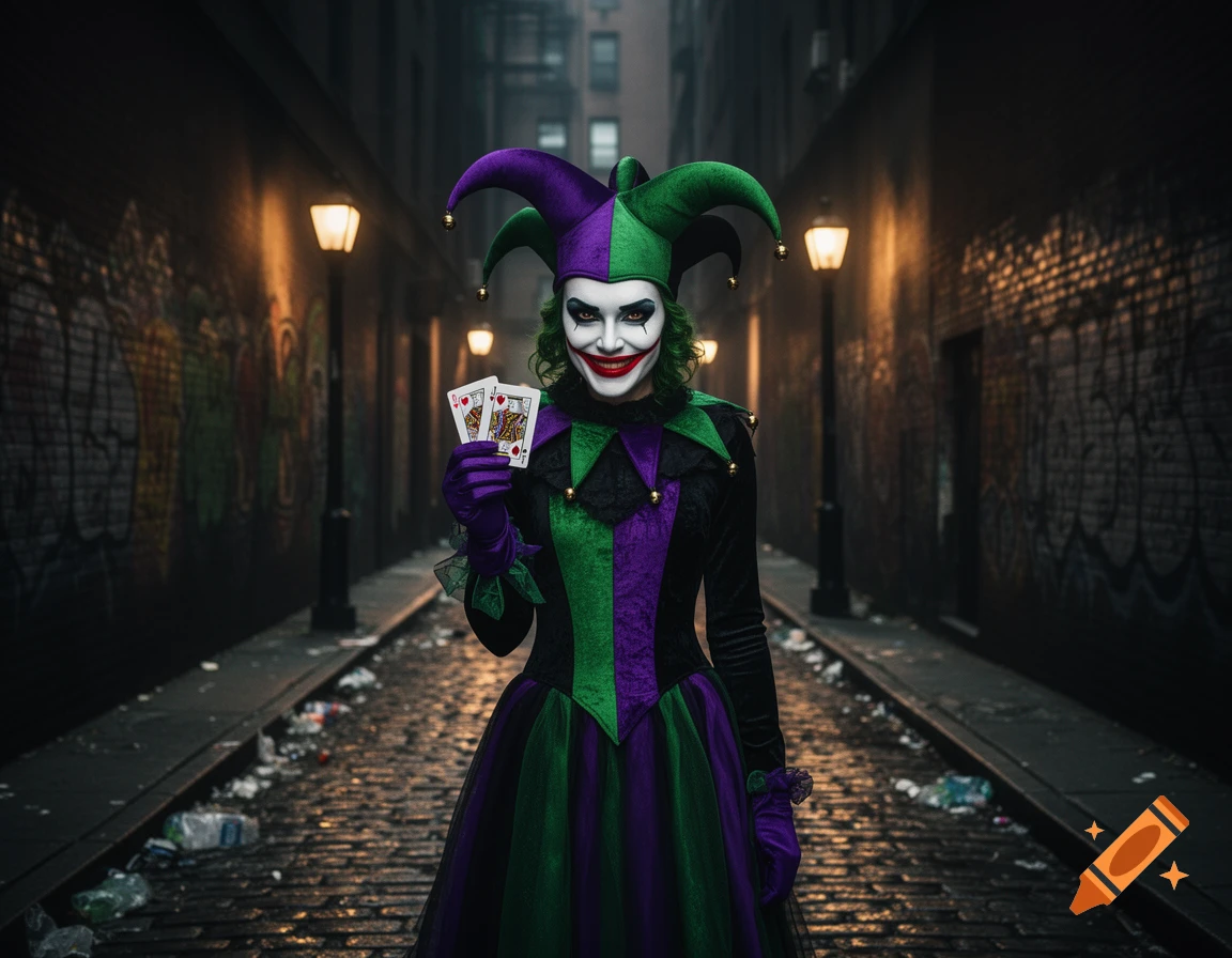 A sinister jester character in a green and purple costume and makeup holds two playing cards in a dark, graffiti-covered alley. Photorealistic style.
