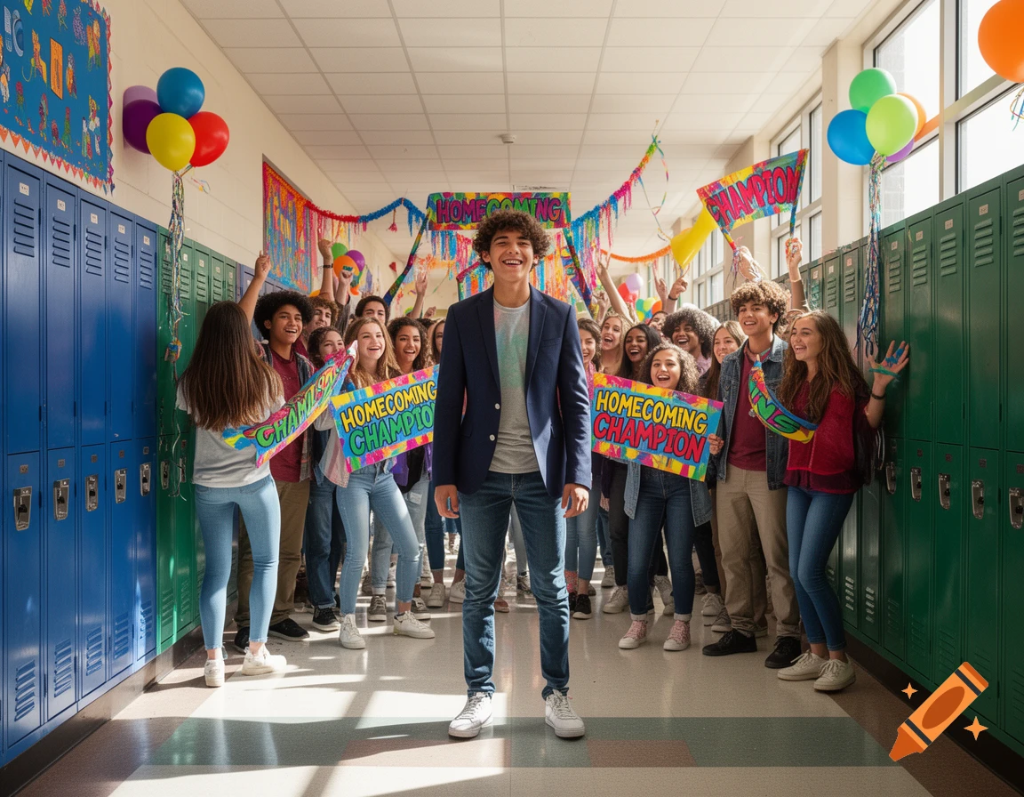A group of diverse high school students celebrating homecoming in a hallway, holding colorful signs.