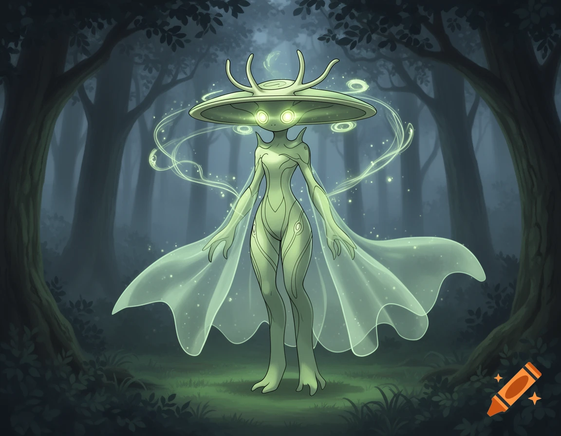 A glowing green alien-like Pok emon creature with a flat head and translucent cape in a dark, misty forest.