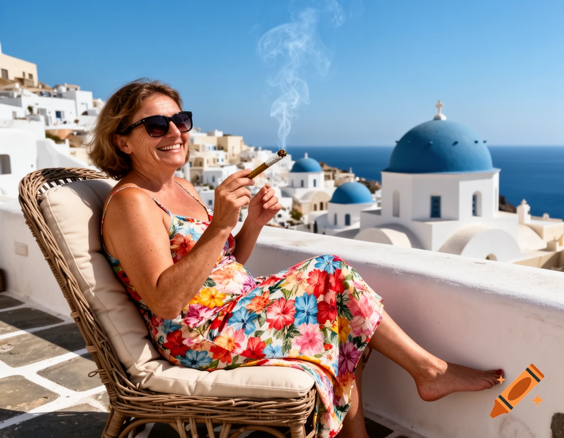 A smiling woman in a floral dress and sunglasses smokes a joint on a sunny Greek island balcony overlooking white buildings and blue-domed churches.