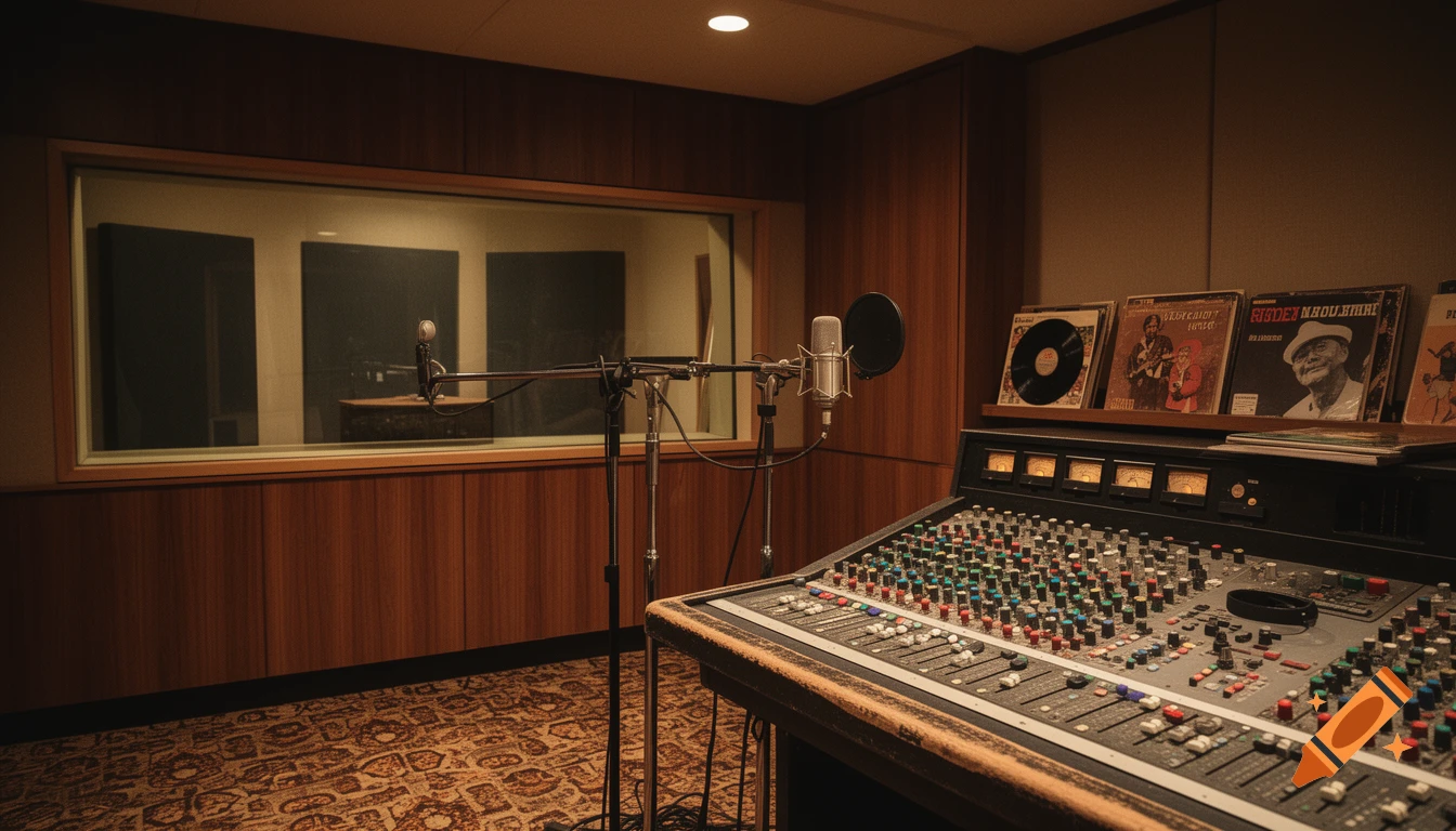 A vintage recording studio with a large mixing console, microphones, and vinyl records on a shelf.