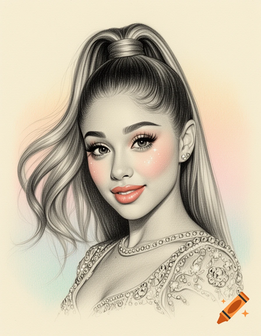 Colored pencil and graphite drawing of Ariana Grande with a high ponytail, wearing an embellished top, against a pastel background.