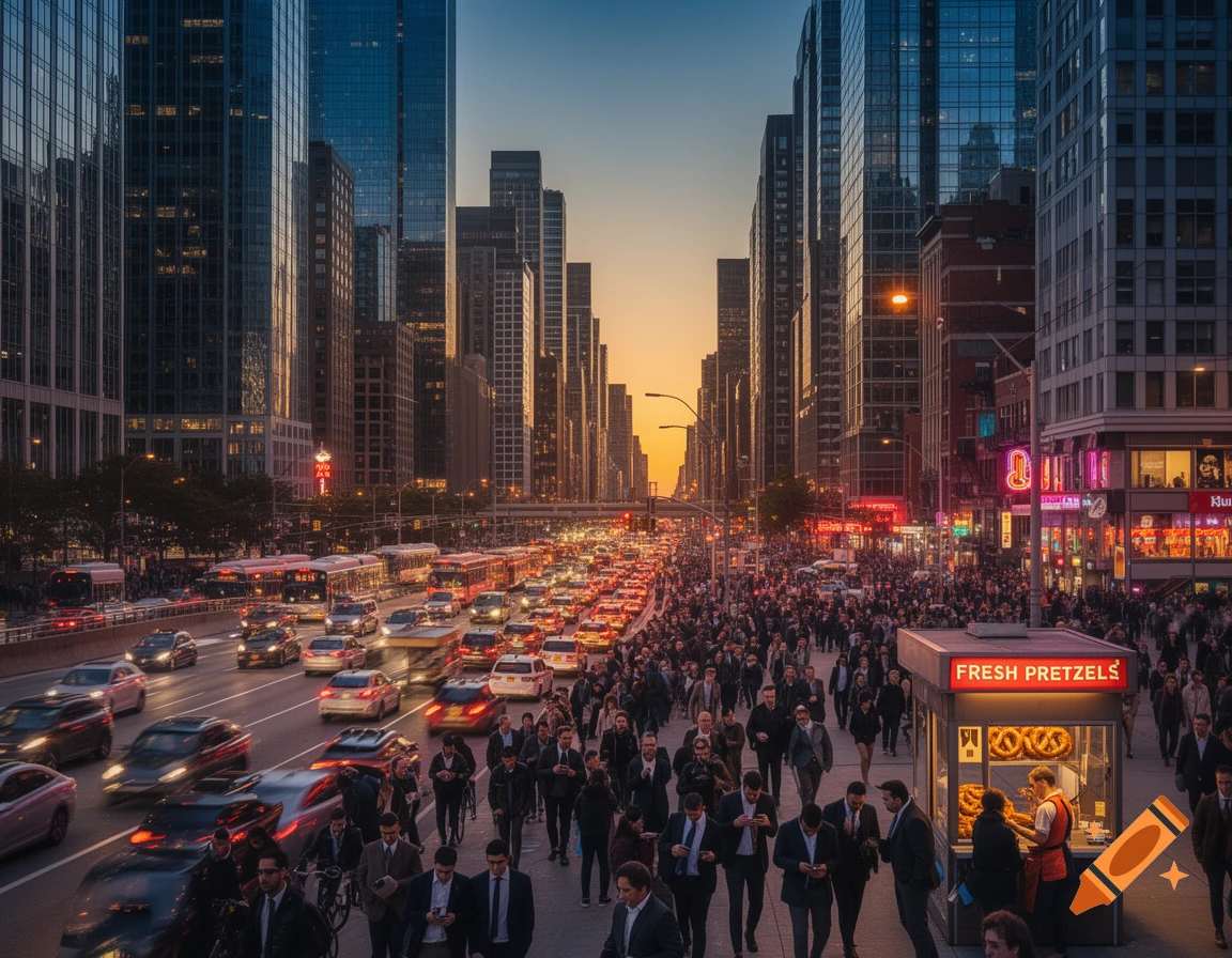 A busy city street at sunset, with skyscrapers, heavy traffic, and crowds of pedestrians. A pretzel vendor stands on the sidewalk.