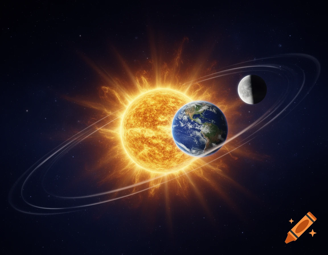 A stylized depiction of the sun, Earth, and Moon in space, with glowing rings orbiting the sun against a star-filled background.