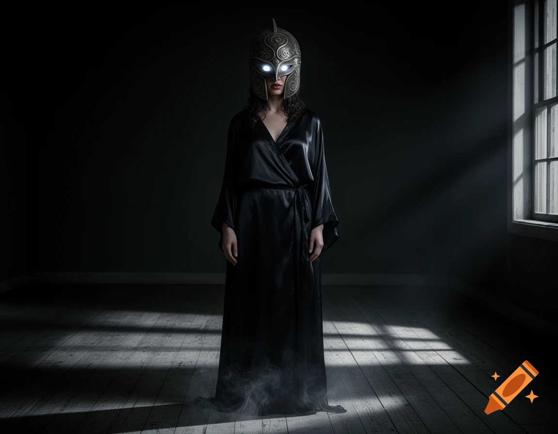 A woman in a dark robe and an ornate helmet with glowing eyes stands in a dimly lit room with light rays.