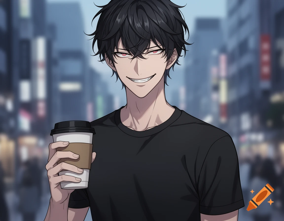 Anime-style young man with black hair, red eyes, and an eerie smile, holding a coffee cup in front of a blurry urban background.