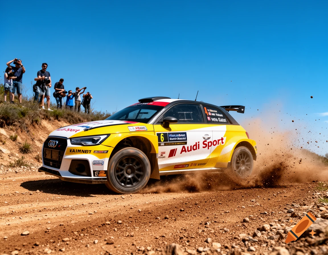 A yellow and white Audi rally car kicks up dust as it speeds across a dirt track, with spectators watching from a hill under a clear blue sky.