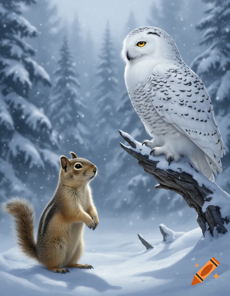 A ground squirrel faces a snowy owl perched on a snow-covered branch in a winter forest with falling snow, photorealistic.