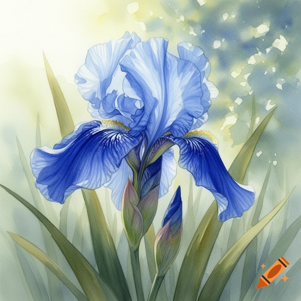 A vibrant blue iris flower depicted in a soft watercolor style, with green leaves and a blurred, light background.