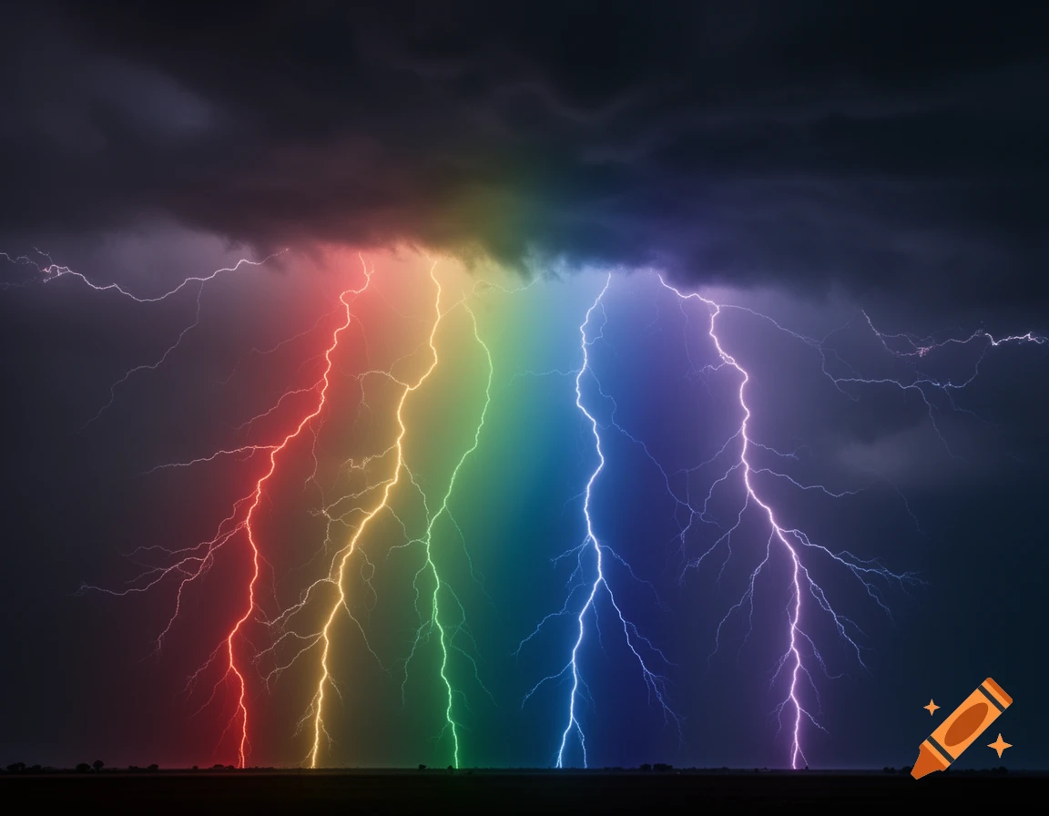 Rainbow-colored lightning bolts illuminate a dark, stormy sky above a silhouette horizon.