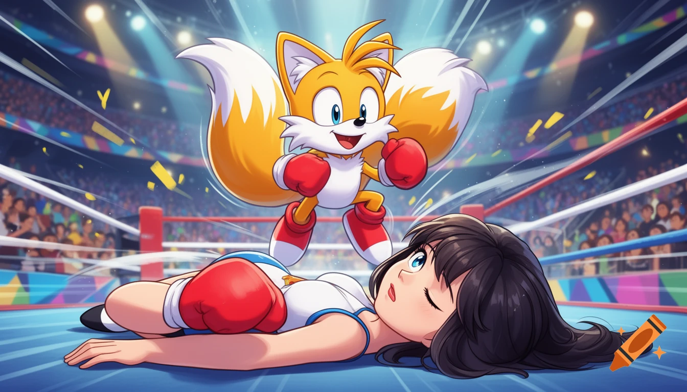 Tails the Fox in red boxing gloves stands triumphantly over a knocked-out female boxer in a stylized ring.