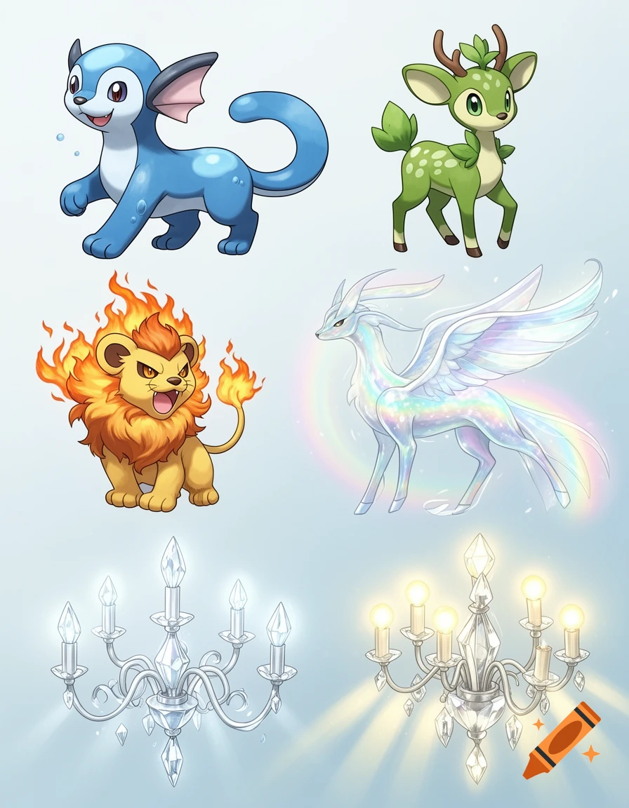 A collage of cartoon creatures and chandeliers: a blue otter-like creature, a green deer, a fiery lion, an iridescent winged dragon, and two crystal chandeliers, one unlit and one glowing warmly.