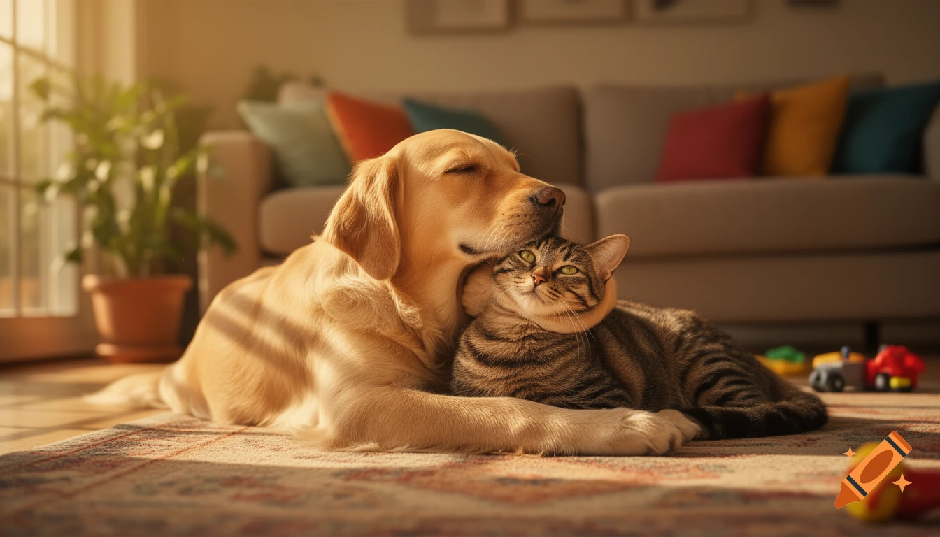 A golden retriever hugs a tabby cat as they lay together on a rug in a sunlit room, with toys nearby.