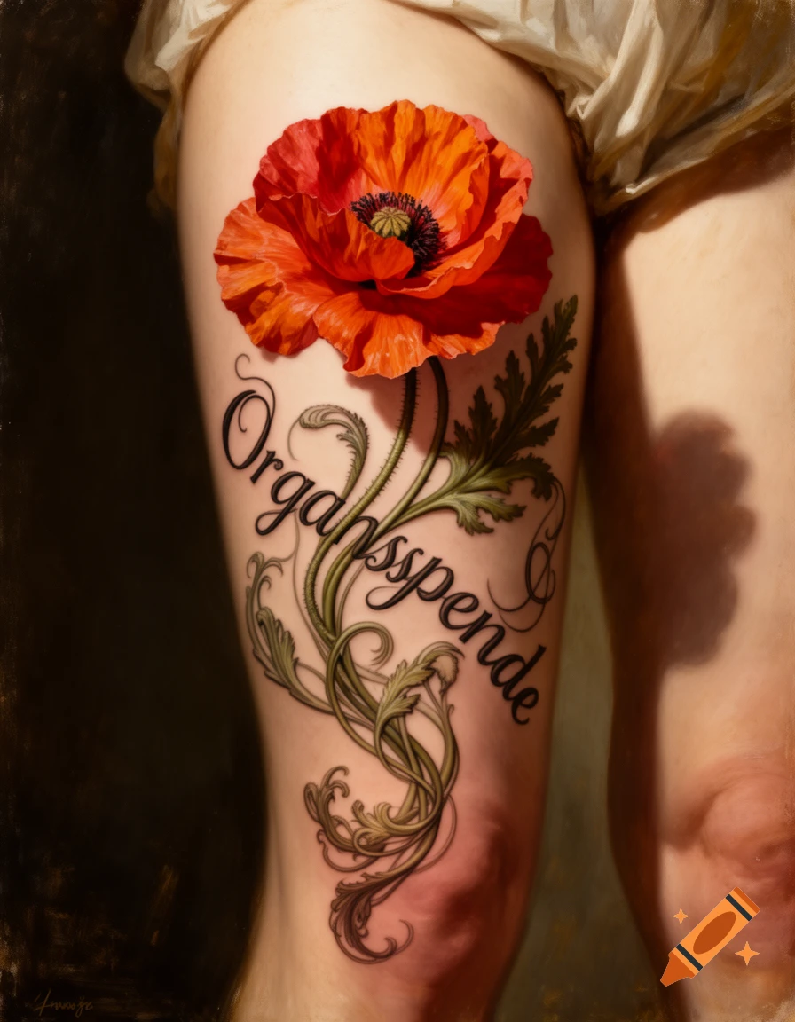 A detailed fine art style tattoo of a red poppy flower with "Organspende" text on a person's thigh.