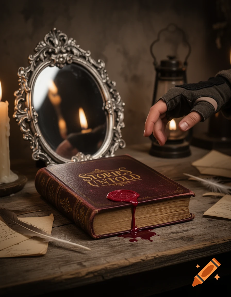 A gloved hand reaches for an old book titled 'STORIES UNTOLD' with a red wax seal that appears to bleed on a wooden table, alongside a mirror, candles, and a lantern, in a mysterious, dark setting.
