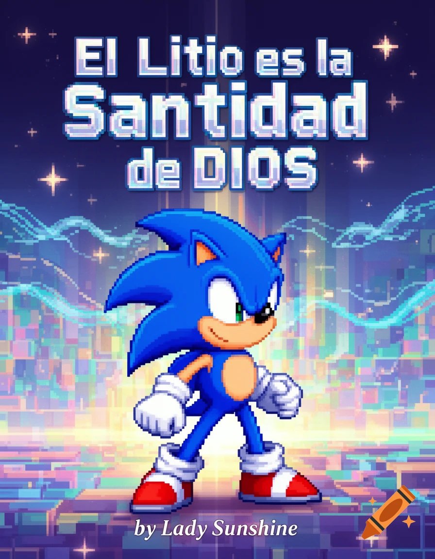 Pixel art Sonic the Hedgehog stands on a glowing cityscape, with "EL Litio es la Santidad de DIOS by Lady Sunshine" text.