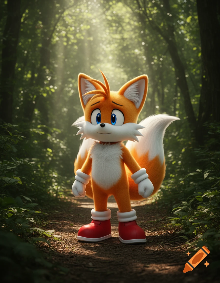 Tails the fox, a cartoon character with two tails and red shoes, stands on a forest path with sunlight filtering through trees.