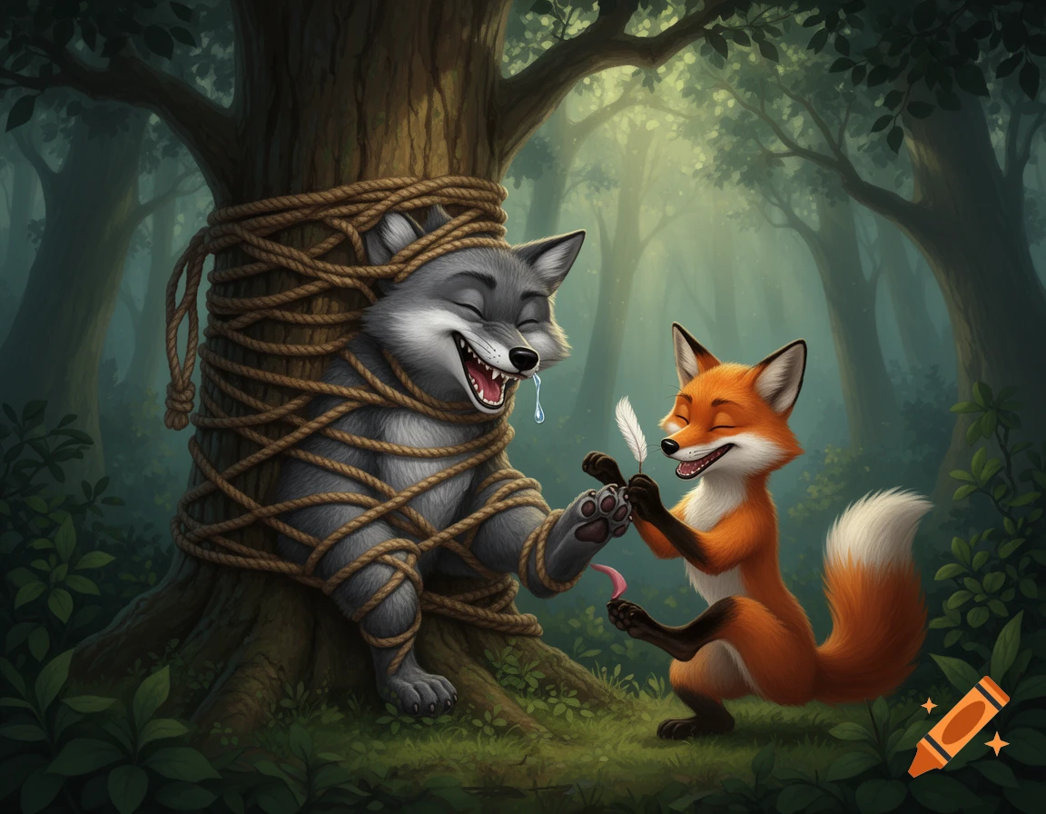 A grinning anthropomorphic fox tickles a rope-bound wolf's paw with a feather in a lush forest, making the wolf laugh uncontrollably.
