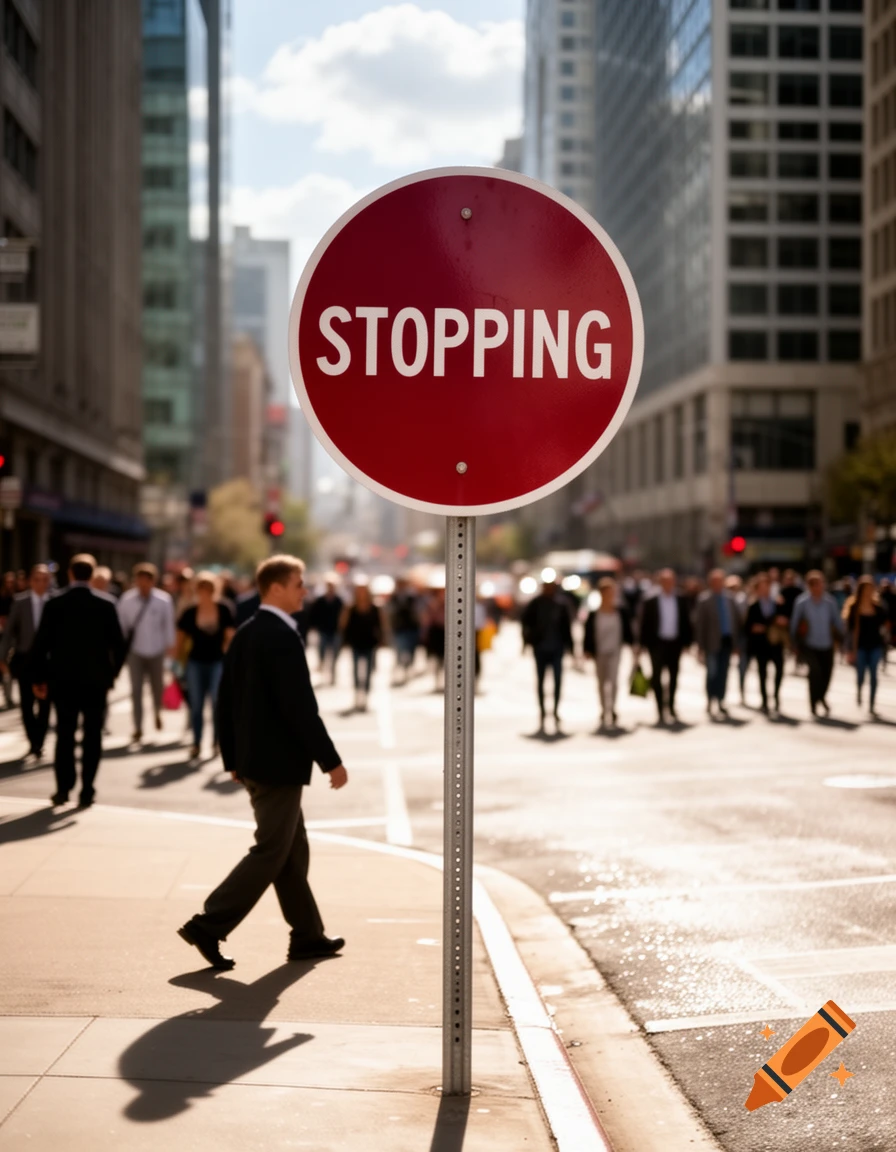 A red circular sign reading 'STOPPING' stands on a city sidewalk as people walk in the blurred background. Photorealistic style.