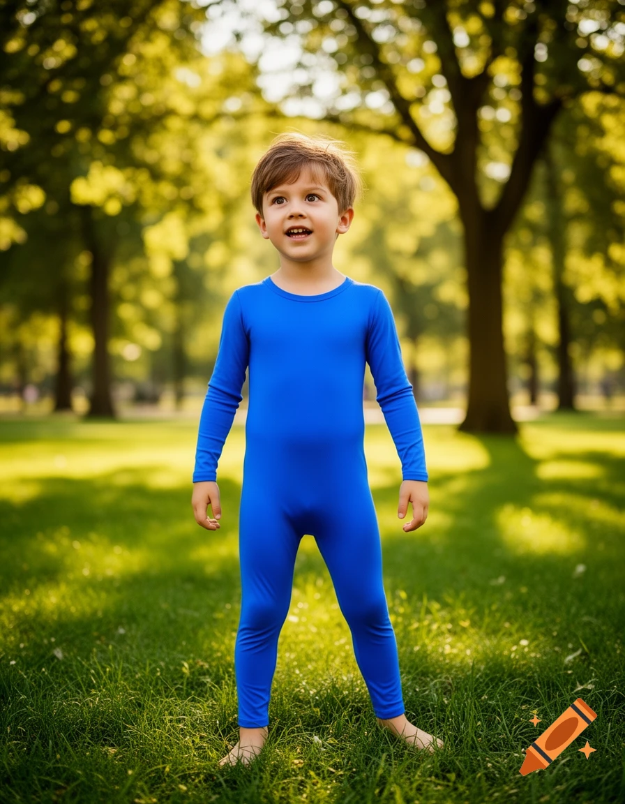 A young boy in a bright blue full-body suit stands barefoot on sunlit green grass in a park, looking upwards.