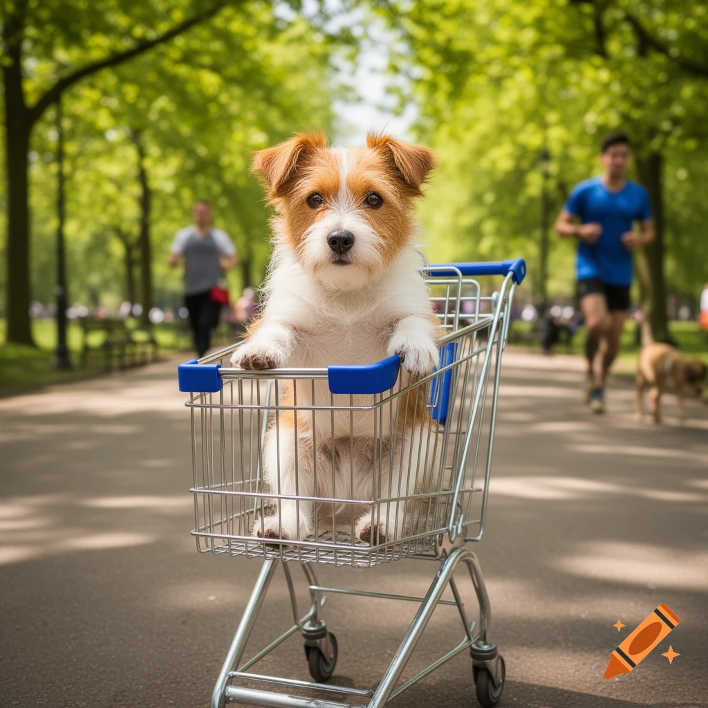 A fluffy white and brown dog sits in a shopping cart on a paved path in a green park with blurred people in the background, photorealistic.