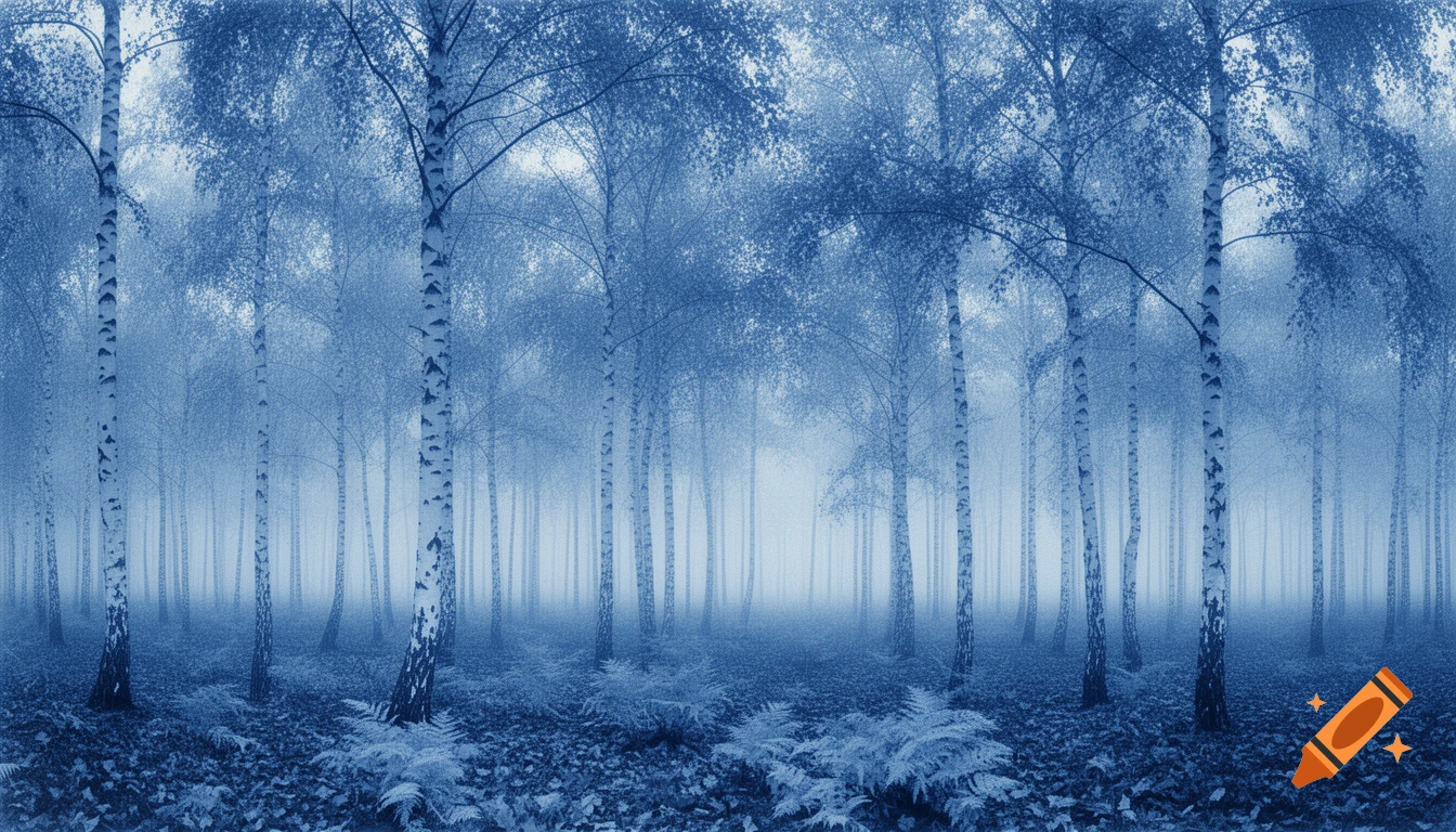Dreamy, blue-toned birch forest shrouded in mist, with ferns on the forest floor.
