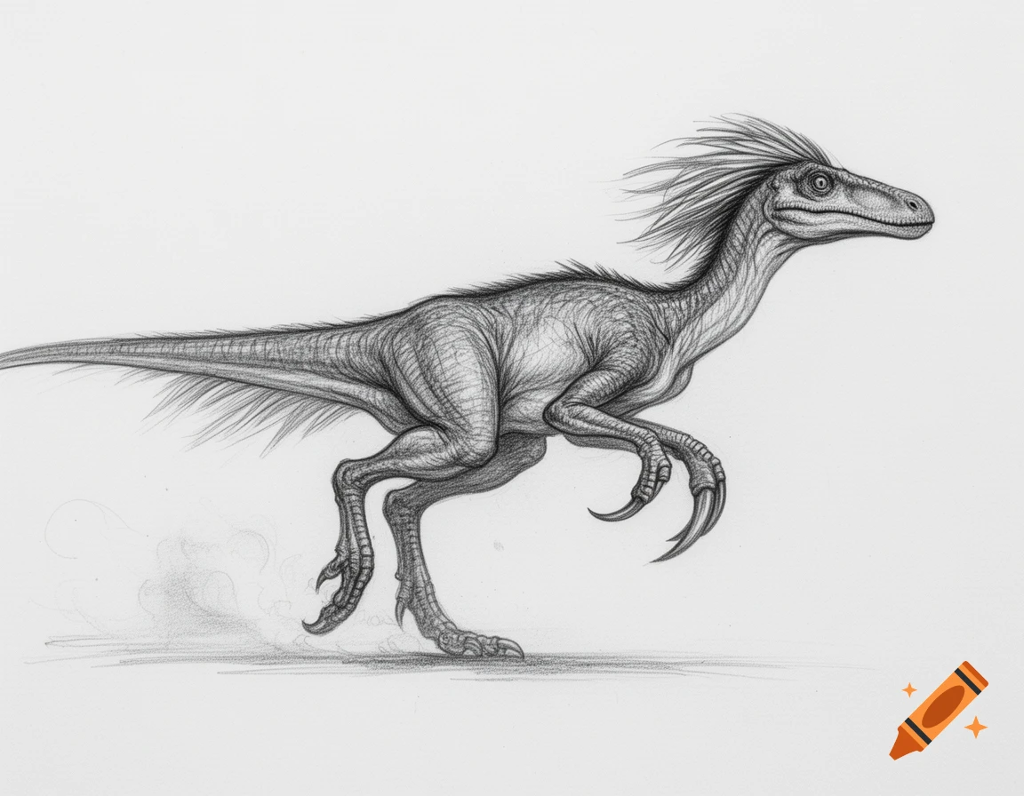 A detailed pencil drawing of a Yutyrannus running, depicted in profile on a white background.