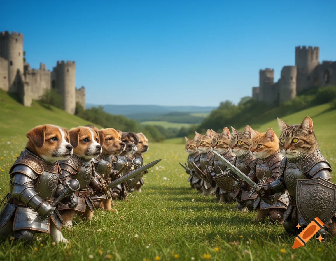 Two lines of armored puppies and kittens face off in a grassy field, with medieval castles in the background under a blue sky.