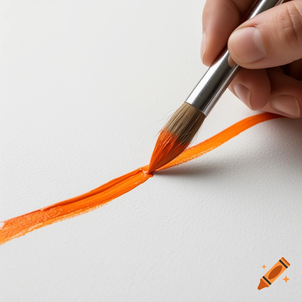 A hand holding a paintbrush creates a vibrant orange line across a textured white surface in a photorealistic style.